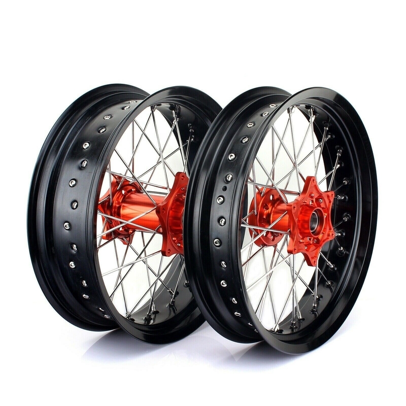 3.50x17&quot; 4,25x17&quot; Supermoto Alloy roues pour SX SXF EXC 125-530 Jantes noires et moyeux orange